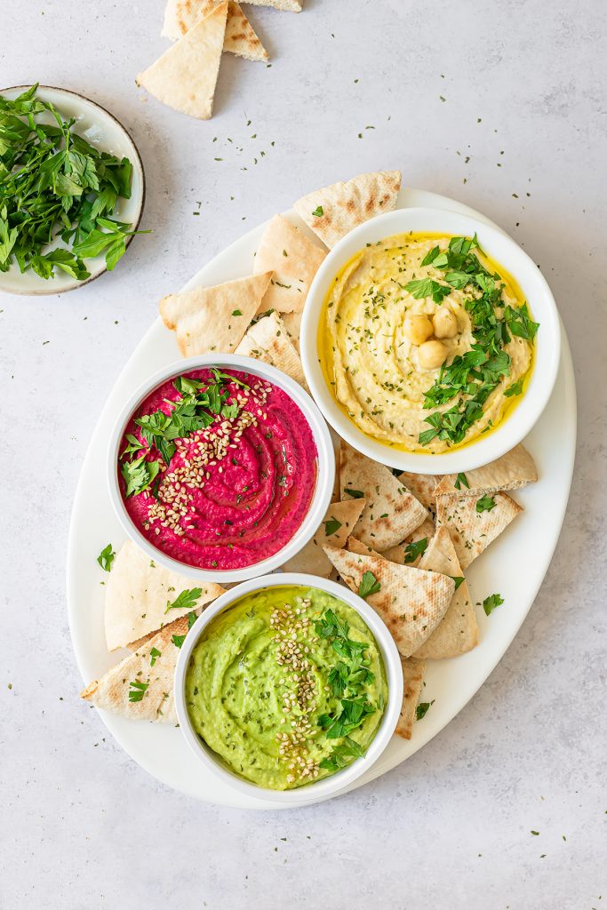 hummus clásico hummus de remolacha hummus de aguacate